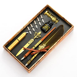 n/A Vintage Quill Feather Dip Pen Fountain Fountain Tinta 5 NIBS Sello Cera Caja Regalo Caja Caligrafía Papelería Suministros Escolares (Color : A) características