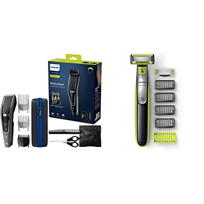 Philips HC7650/15 Cortapelos con cuchillas de titanio, 3 peines-guía 28 ajustes de longitud + OneBlade Cara + Cuerpo QP2630/30 Recortador de Barba rec