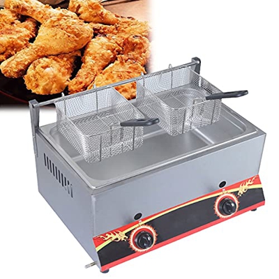 Freidora de Gas Comercial de Acero Inoxidable, freidora multifunción de Gran Capacidad de 11 l/22 l, Potencia de Fuego Ajustable, fácil de Limpiar, Ac
