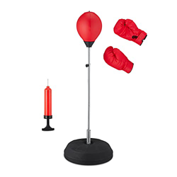 Relaxdays Saco de Boxeo de pie, Guantes de Entrenamiento para el hogar, 145,5 x 43 cm, Color Negro y Rojo precio