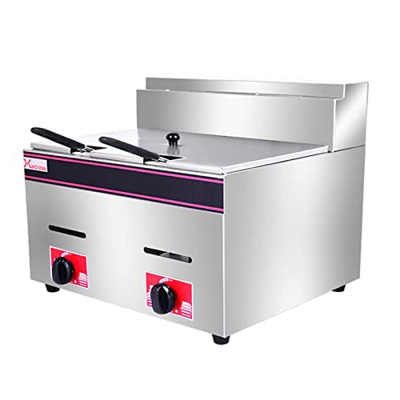 Freidora de Gas de Pantalla Doble de un Solo Cilindro, freidora de Gas de 24L Tanque Freidora de Papas Fritas de Pollo de Acero Inoxidable con Cuchara