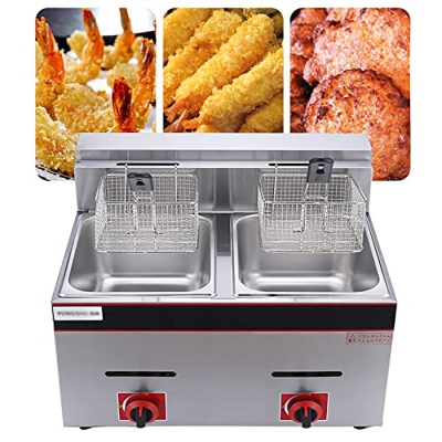 Freidora de Gas Comercial, freidora de Gas, Control de Temperatura Independiente, Potencia de Fuego Ajustable, para Uso doméstico y Comercial (6L+6L)