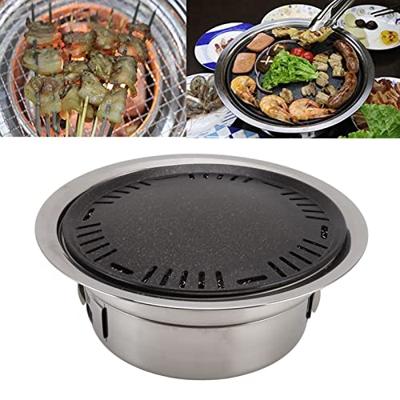 Sartén para barbacoa coreana, parrilla redonda de carbón de acero inoxidable Mango antiescaldado Antiadherente Parrilla pequeña para exteriores para a