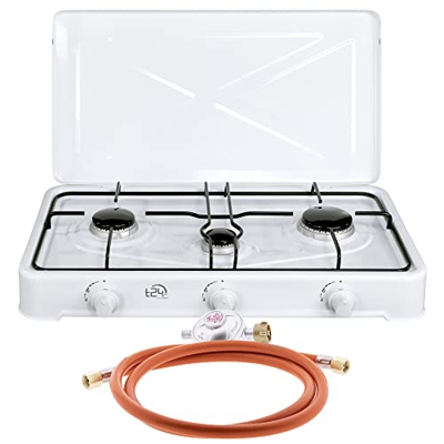 T24 Hornillo de gas portátil, incluye manguera de gas y reductor de presión (3 llamas).
