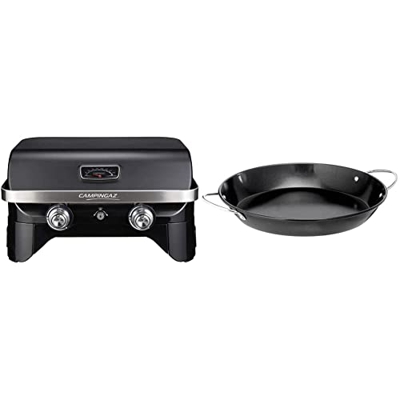 Campingaz Attitude 2100 LX barbacoa de mesa portátil a gas, 5 kW de potencia, barbacoa de gas para camping con tapa + Campingaz 2000015104 Paellera pa