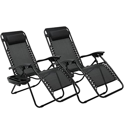 2 Tumbonas Plegables con Cojín Ajustable para ca Cabeza y Respaldo, Juego de Tumbonas Relajante para Almuerzo con Portavasos, Ergonómica y Transpirabl