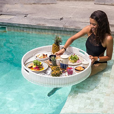 HIONRE (808020cm) Bandeja Comida Flotante Redonda para Piscina, Bandeja Desayuno Flotante Ratán PE, Bandeja Flotante para Servir Bebidas En Piscina, A