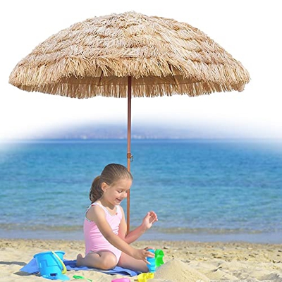 SKTWOE Estilo Hawaiano Sombrilla, Paraguas De Playa Plegable, 1.7m Parasol De Paja Inclinable, Fácil De Montar, para Jardines/Balcones/terrazas/cancha