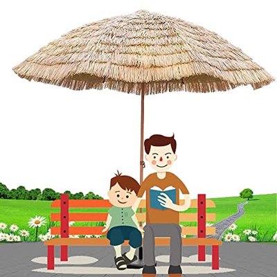 SKTWOE Sombrilla Paja Exteriores Ajustable En Altura, Paraguas De Playa Plegable Hawaiana, Ø145cm Sombrillas De Mesa De Mercado Redonda, para Jardín, 