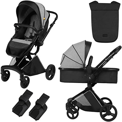 Kinderwagen 2 in 1 Nasjo, leichter Buggy und Babywanne, robuste Aluminiumrahmen, kompakte Größe, Blockademöglichkeit der Vorderräder, Handbremse