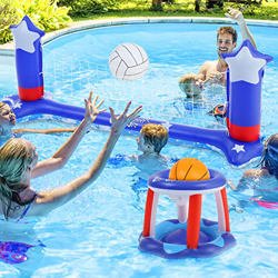 ThinkMax Juego Hinchable Vóley Flotante, Inflable Voleibol Piscina Baloncesto Redes De Voleibol y Aros De Baloncesto Apto para Adultos y Niños para De características