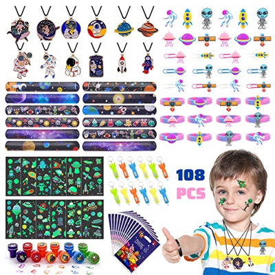 108 Piezas Piñata Cumpleaños Infantil Espacio, Juguetes Regalos Cumpleaños Niños Colegio Pulseras Niños Cumpleaños Bolsas Fiesta Llavero Collar Marcad