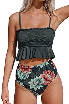 CUPSHE Conjunto de Bikini para Mujer de Talle Alto Estampado Floral Volante Traje de Baño de Dos Piezas, M