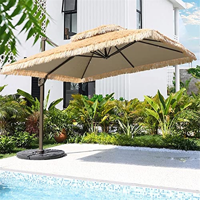 Patio Offset Umbrella 2.5 X 2.5M Thatch Patio Tiki Umbrella Patio Offset Roma Parasol Umbrella Cantilever Hanging Garden Sun Shade Canopy Shelter