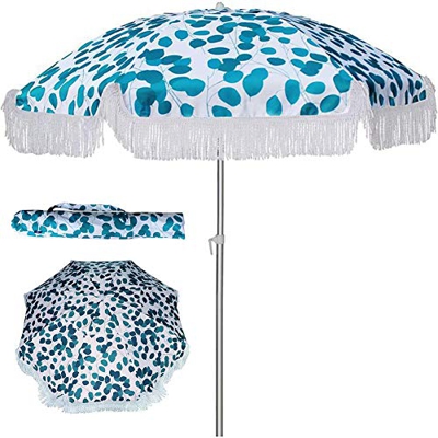 HMLOPX Paraguas de Playa UV 50+, Parasol de Patio con Flecos de 6 pies con Ancla de Arena e inclinación de Polo de Aluminio for jardín Piscina Playa P
