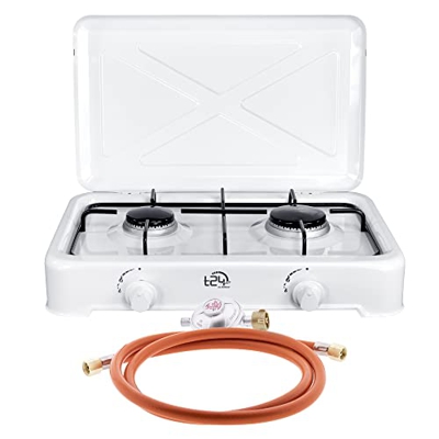 T24 Hornillo de gas portátil, incluye manguera de gas y reductor de presión (2 llamas).