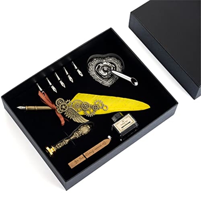 ZWEBY Pluma de Ave Pen Plumas múltiples Colores de Plumas de Pluma escribiendo Pluma Pluma para Él Hombres Papá (Color : Amarillo, Size : 25.7x20.7x5.