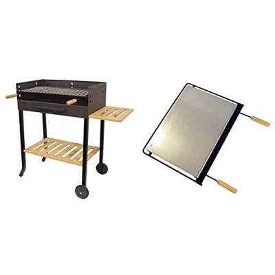 Imex El Zorro 71450 71450-Barbacoa con ruedas y parrilla inox, 88 x 68 x 40 cm, color negro + Plancha para barbacoa, hierro, Gris