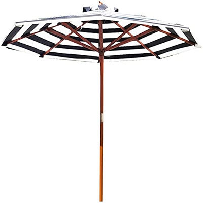 Sombrilla de jardín Grand Patio de 2,7 m/9 pies, sombrilla de Playa a Rayas Blancas y Negras con Poste de Madera y 8 Varillas para césped, jardín, ter