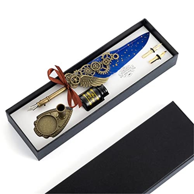 ZWEBY Pluma de Ave Fuente de Plumas de Plumas Antiguas de Escritura de Plumas Dip Pen Kit para Él Hombres Papá (Color : Blue, Size : 27.8x9x4cm)
