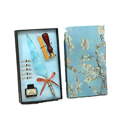 ZWEBY Pluma de Ave Pluma de Plumas, Juego de Plumas de Plumas Antiguas Hechas a Mano para Él Hombres Papá (Color : Apricot Flowers, Size : 26x11.5x4cm