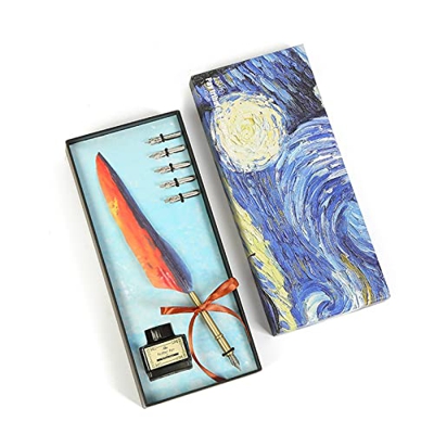 ZWEBY Pluma de Ave Fountain Pens Antique Feather Pen Kit Writing Quill Pen para Él Hombres Papá (Color : Starry Sky, Size : 26x11.5x4cm)