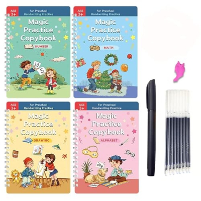 BIBODU Cuaderno caligrafía relieve surco reutilizable | Escritura creativa mágica fácil a mano en inglés para niños preescolar | Incluye 4 libros y lá