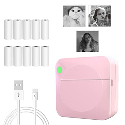 Wro Impresora Portatil, Impresora Bluetooth para Movil Mini Impresora Impresora Térmica,Impresora para Foto Etiqueta Nota con 15 Rollos de Papel para
