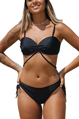 Bañadores Mujer Trajes de Baño Mujer de Dos Piezas Bikini Brasileño Bandeau Push Up Tanga Cintura Baja Correas Laterales Bikini Brasileño Mujer (Negro