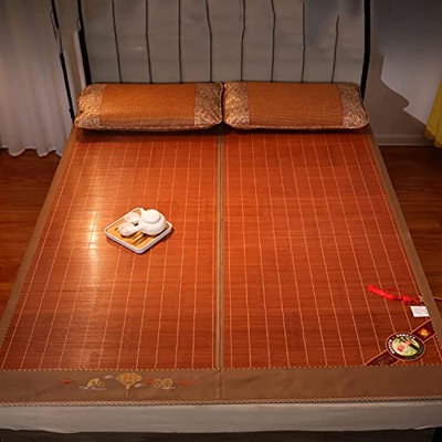 Alfombras para dormir de verano Mat de bambú cama doble, alfombrillas de sueño plegables for dormir transpirables suaves con dos fundas de almohadas, 