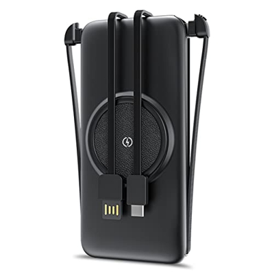 FAVORS 5 En 1 Wireless Power Bank 20000 Mah Led Pantalla Digital Led Cables Incorporados Powerbank Teléfono Móvil Batería Cargador(Color:Negro)