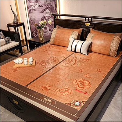 Alfombras para dormir de verano Mats de sueño de verano plegables cama doble, alfombra de bambú transpirable con funda de almohada, colchón de seda de