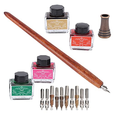 Kit de Punta Reemplazable, Pluma de Tinta de Inmersión de 4 Colores, Pluma Estilográfica con Pluma de Inmersión, Pluma Estilográfica de Madera Y Pluma