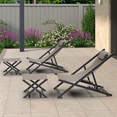 PURPLE LEAF Conjunto de 2 Tumbonas Jardin Exterior Plegables Tumbonas Aluminio con Otomano Tumbonas de Playa con Respaldo Regulable en 6 Posiciones, B