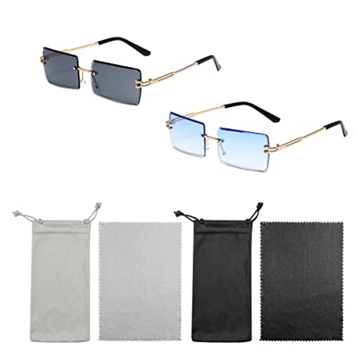 2 pares de gafas de sol rectangulares sin montura con 2 bolsas para gafas y tela para gafas, gafas de sol retro transparentes, visión HD, protección U