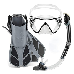 Juego de esnórquel con aletas de máscara con equipo de esnórquel para adultos, máscara de buceo con vista panorámica + aletas de natación ajustables + características