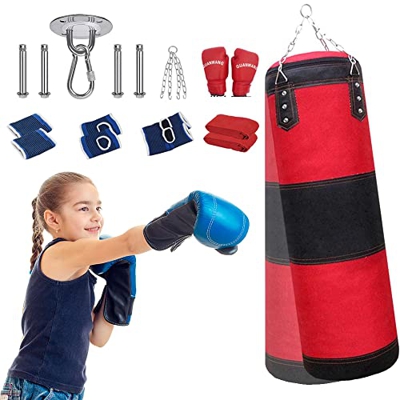 Gobesty Sacos de Boxeo para Niños y Adolescentes, Saco de Arena de Boxeo de Patada Hook, Saco de Boxeo para Colgar en el Techo, Kit de Boxeo con Ganch