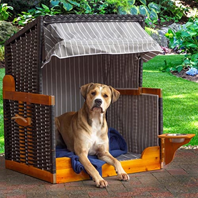 BRAST Caseta para perros exterior 95 x 80 x 65 cm, con comedero giratorio y extraíble, de madera certificada, toldo plegable, fácil de montar. Uso int