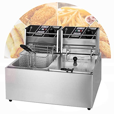ZYFC Freidora Eléctrica de 2500W, Freidoras Comerciales con Tapas y Cestas de Aceite, Tubo de Calentamiento en Forma de U, Regulación de Temperatura, 
