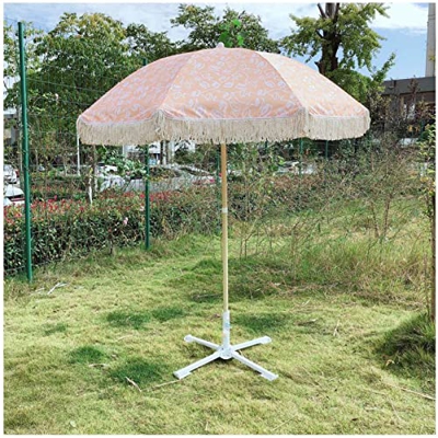 Sombrilla de moda, sombrilla de playa con flecos de 6.6 pies / 200 cm con inclinación, sombrilla de sombra de poste de acero de color de madera portát