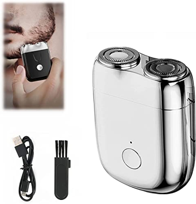 Waterproof Portable USB Men's Shaver,Pocket Double Head Washable Electric Razor,3D Rechargeable Rotary Shaver for Men,for Travel Or Home Use (Silver)