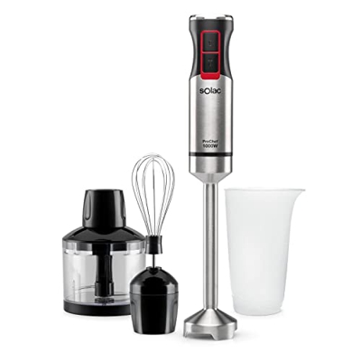 Solac - Batidora de mano 1000W | Picadora eléctrica en INOX | 4 Velocidades + Turbo | Incluye Vaso medidor, Picador y Emulsionador | Pica hielo, alime