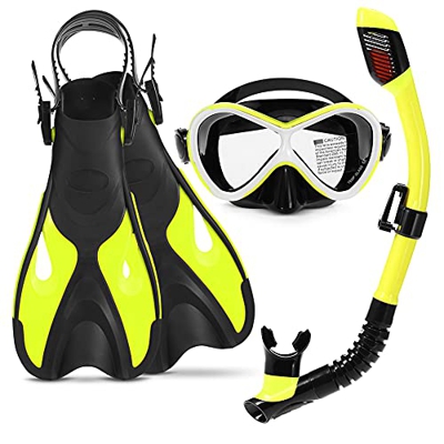 Juego de snorkel para niños, máscara de aleta Snorkelpackages Dry Snorkel, lente de vidrio templado antivaho, aletas ajustables, equipo de snorkel par