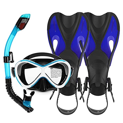 Juego de snorkel para niños, máscara de aleta Snorkelpackages Dry Snorkel, lente de vidrio templado antivaho, aletas ajustables, equipo de snorkel par