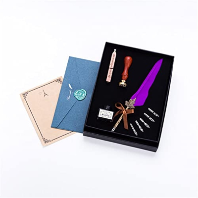 YGJD Pluma Feather Pen Retro Feather Metal Dip Pen Smationery Pluma Pluma Bolígrafo de Pluma (Color : Púrpura, Size : 25x19.5x4cm)