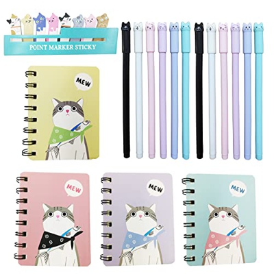 DUGYIRS 12 Piezas Gato Creativo Bolígrafos de Gel con 4 Piezas Cuadernos Pequeños y 1 Gato Nota Adhesiva por Amante de los Gatos Casa Oficina Colegio 