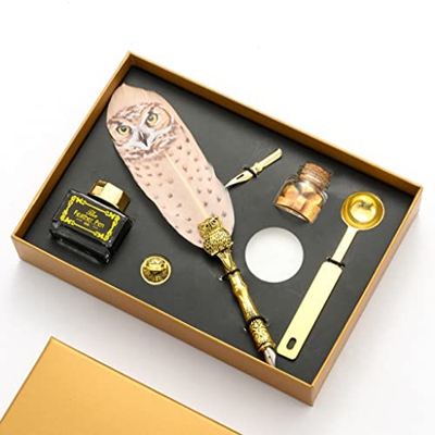n/A Caligrafía Dip Lápiz Set Retro Búho Patrón Pluma Pluma Pluma Pluma Pluma Regalo Caja Caja Seal Cera Vela (Color : B)