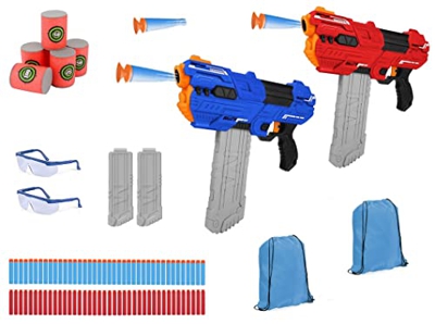 RIVIAX Pistola de Juguete Dardos Espuma Niño/a +6 Años, 2 Fusiles Blaster Semiautomático Manual 4 Cargadores + 80 Flechas, Gafas de Protección y Objet