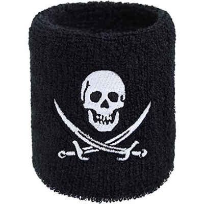 Muñequera de diseño de piratas bordada, para el sudor, de rizo absorbente, color negro