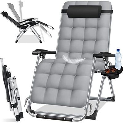 KESSER® Tumbona plegable con soporte para bebidas, silla de jardín con cojín acolchado, tumbona de jardín extragrande, respaldo ajustable, tumbona de 